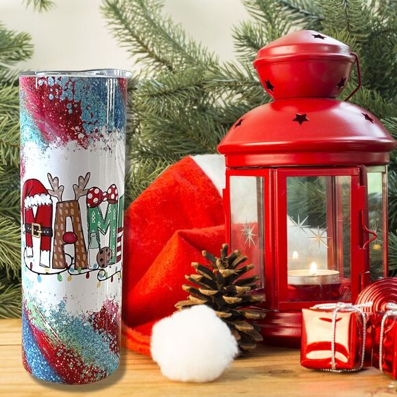 Mama Christmas Red Green Holiday Glitter Look 20 Oz Metal Tumbler w/Lid Straw - Picture 6 of 9